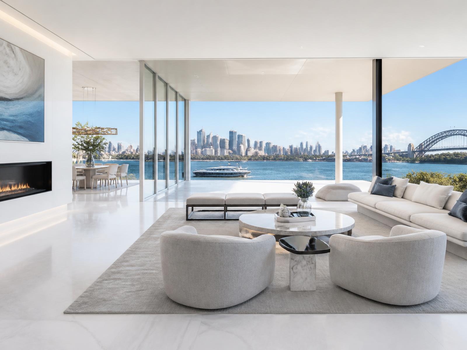 Immaculate luxury Sydney living room with harbour views